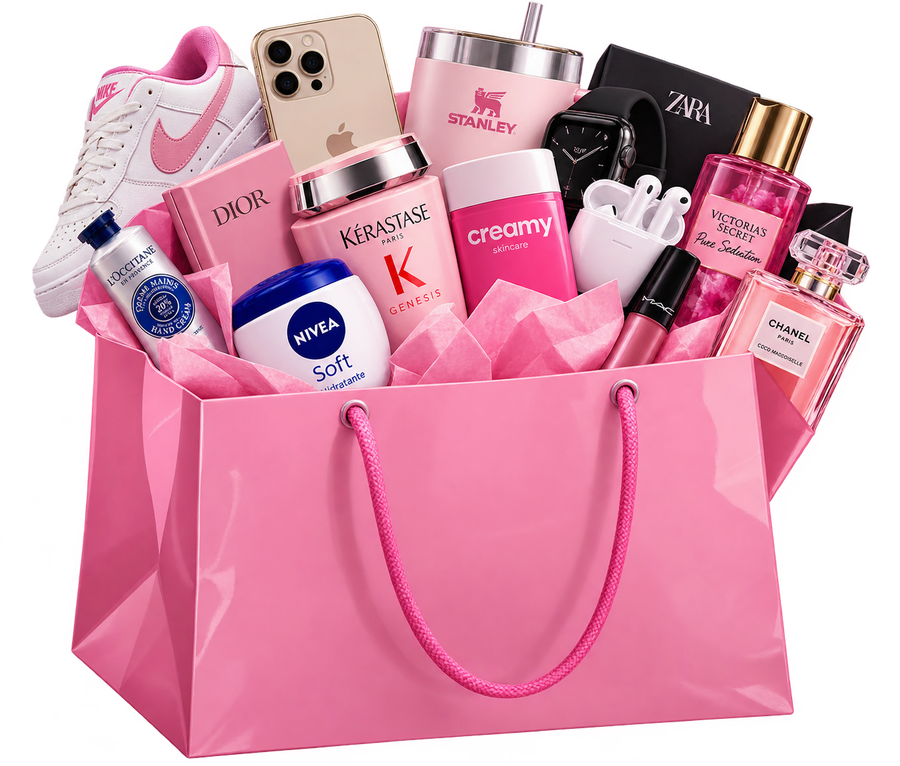 Sacola rosa cheia de produtos de beleza, moda e tecnologia